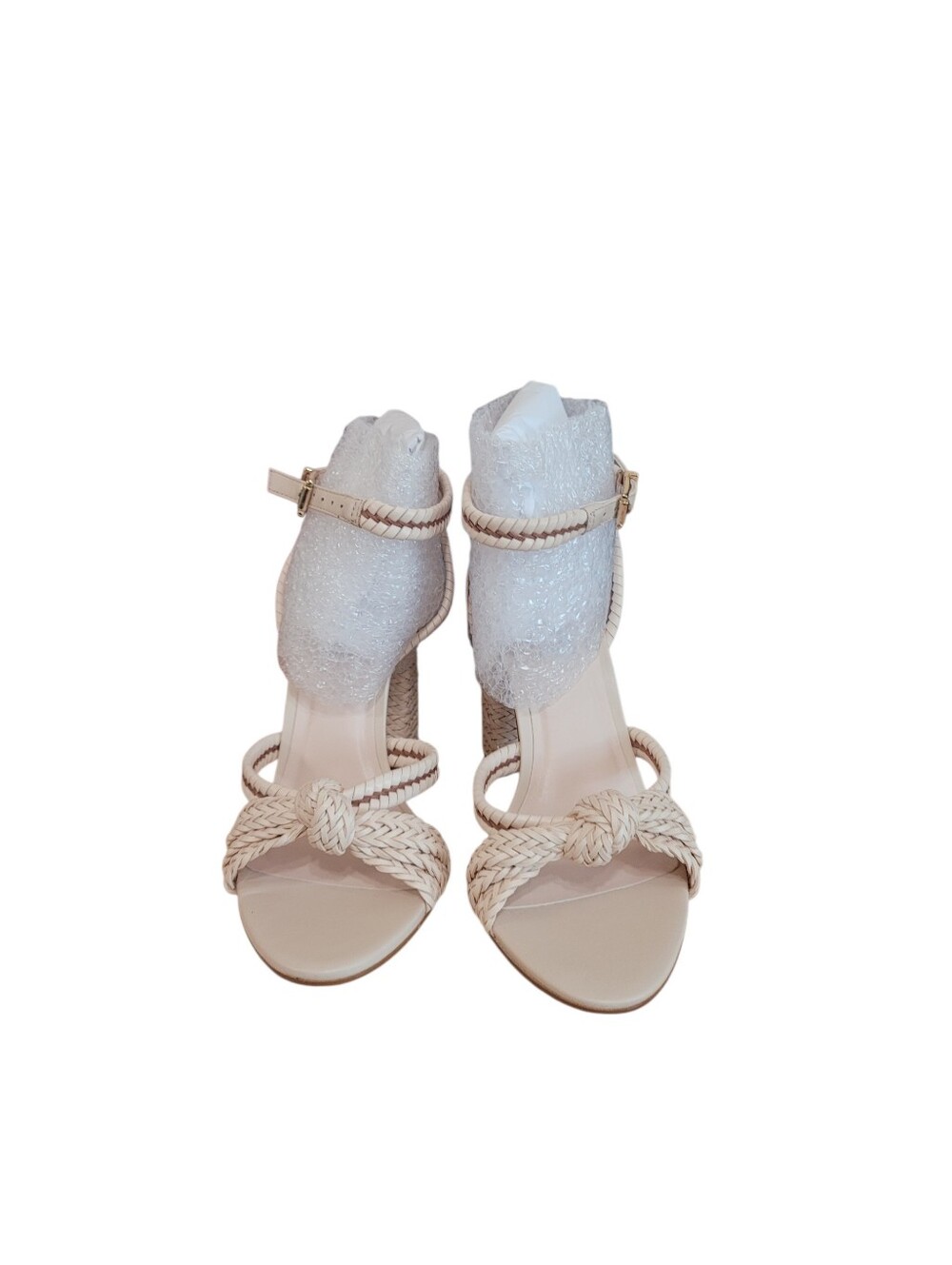 New Steve Madden Beige Knotted Woven Block Heel Sandals Ankle Strap 9.5 Leather - Picture 4 of 6